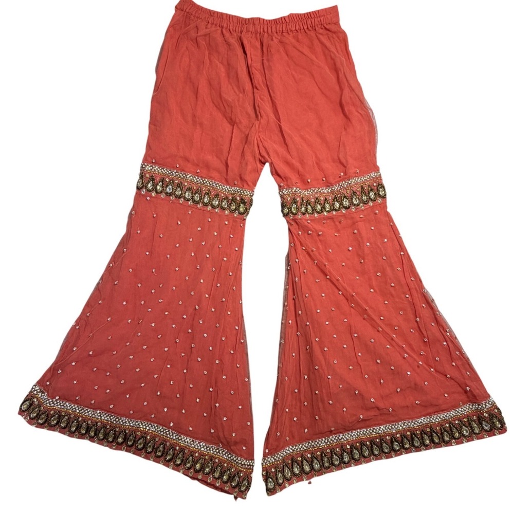 Vintage Indian Sharara Pants Coral Orange Beaded Embroidered Wide Leg Palazzo - Picture 9 of 9